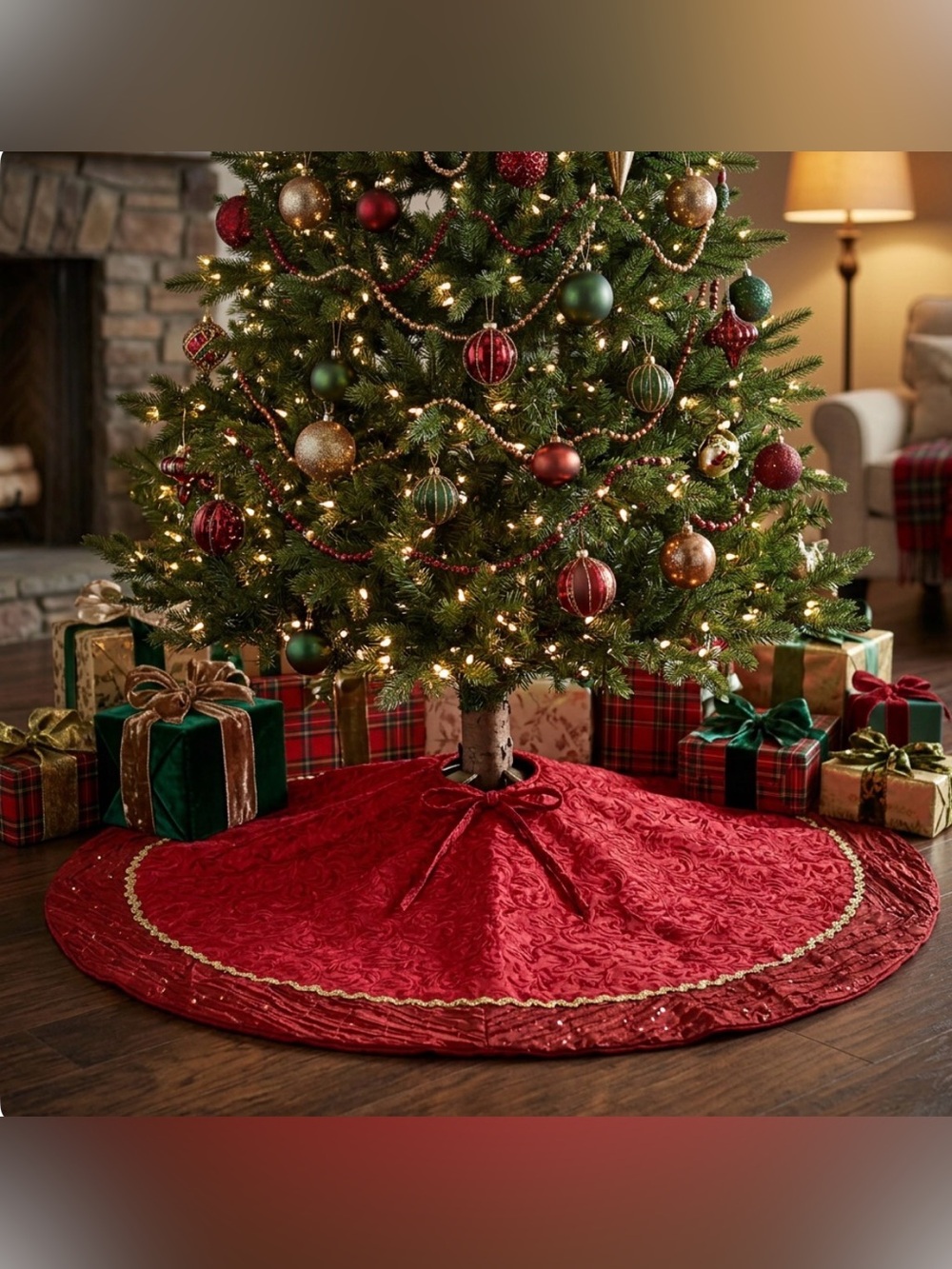 CHRISTMAS TREE SKIRT ROUND RED SATIN VELVET GOLD RIBBON